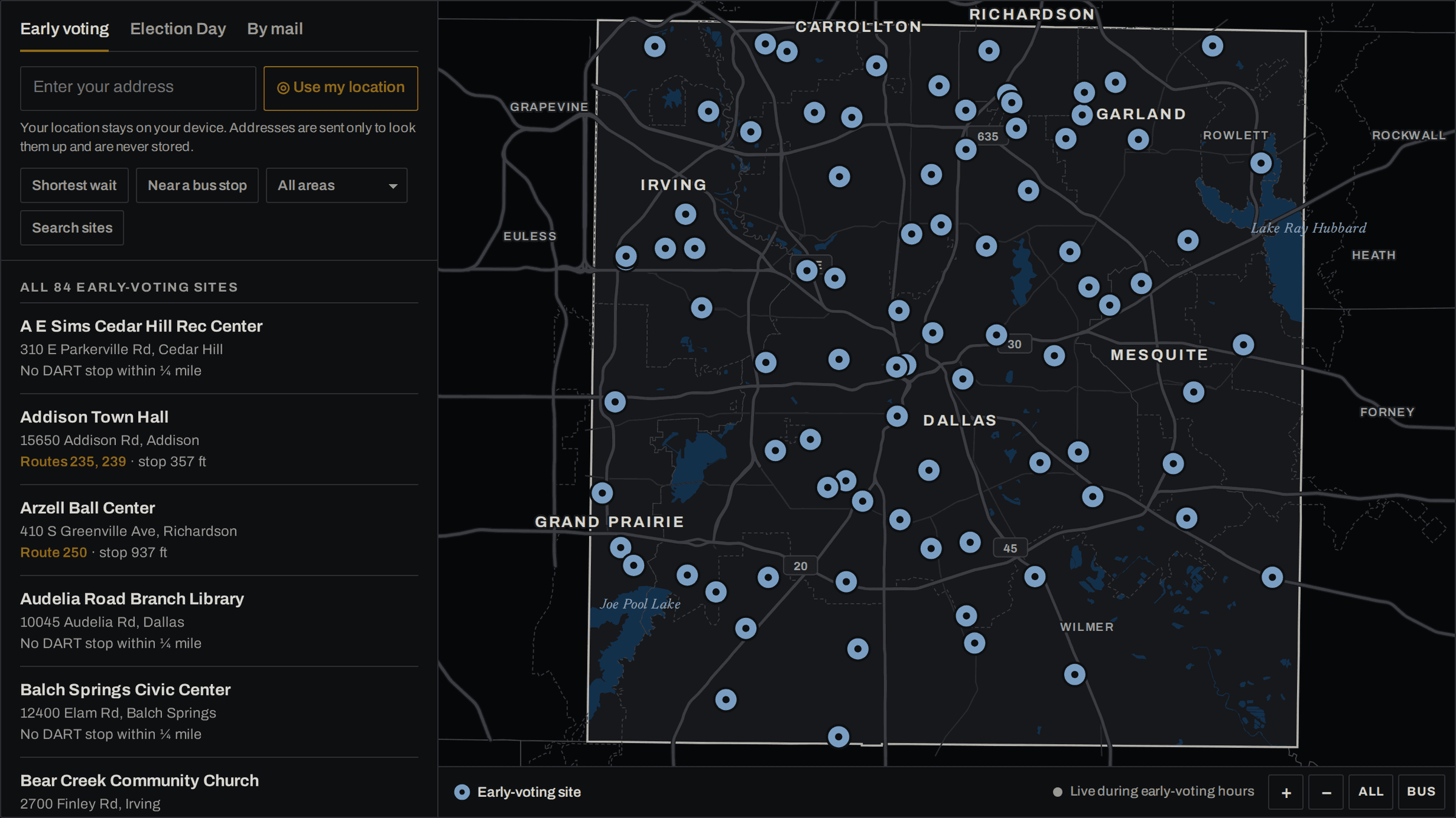 Map of Dallas County's 84 early-voting sites